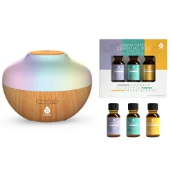 Aromatherapy Diffuser & Essential Oil Set-Ultrasonic Top 3 Oils-300ml with 2 Mist Settings 7 Ambient Light Settings-Pursonic Clearance