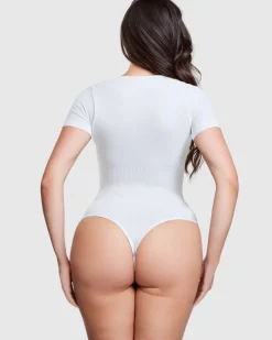 Short Sleeve Square Neck Thong Bodysuit-Revenge Body Fashion